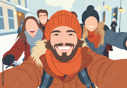 Group of friends enjoying winter fun in a snowy street while taking a selfie during the daytime