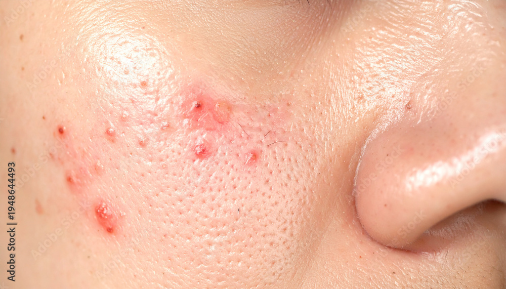Fototapeta premium Close-up macro view of distressed human facial skin, showing a prominent red rash, bumps, and general irritation, indicating a dermatological condition