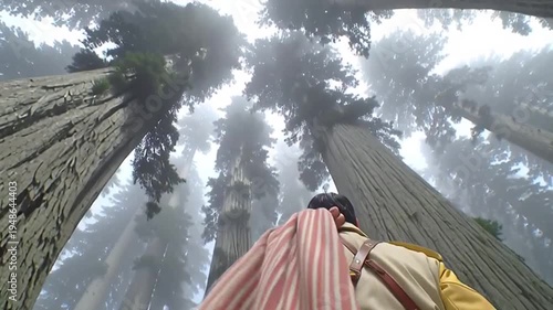Man climbing giant tree in forest.