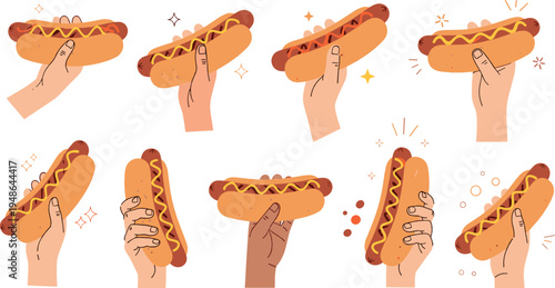 Hot Dog in Hand Vector Collection with Sausage Sandwich Street Food Fast Food Snack Illustration Set