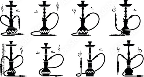 Hookah Shisha Pipe Silhouette Vector Collection with Traditional Water Pipe Smoking Device Middle Eastern Culture Illustration Set