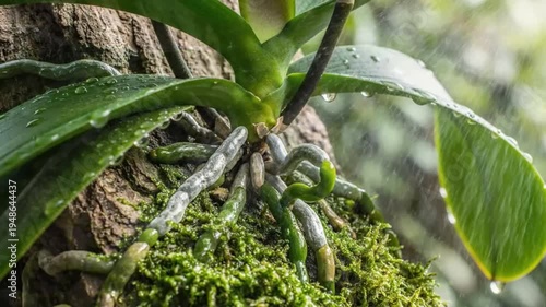 Rain falling on an epiphytic orchid plant growing on mossy tree bark, close up view with water droplets