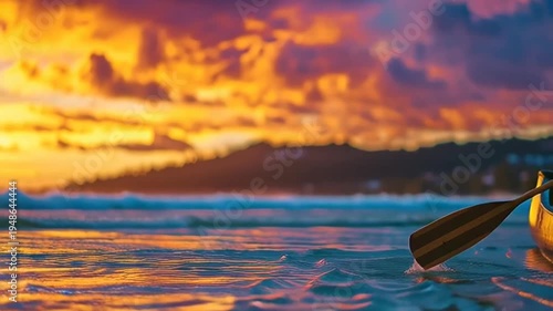 Man in canoe on serene ocean.