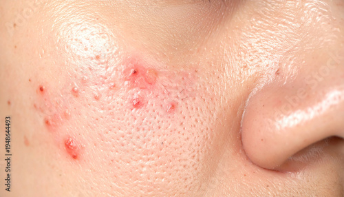 Close-up macro view of distressed human facial skin, showing a prominent red rash, bumps, and general irritation, indicating a dermatological condition
