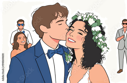 Couple shares a kiss at their wedding while guests watch in the background