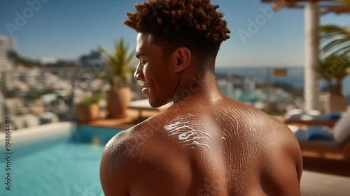 Man with sunburned back by pool.