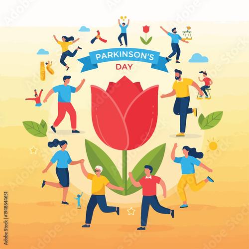 Colorful illustration celebrating Parkinson's Day with joyful figures and a large tulip