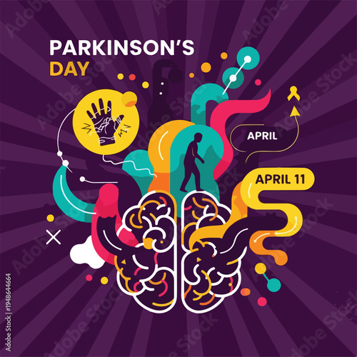 Colorful illustration celebrating Parkinson's Awareness Day, featuring brain, hand, and ribbon