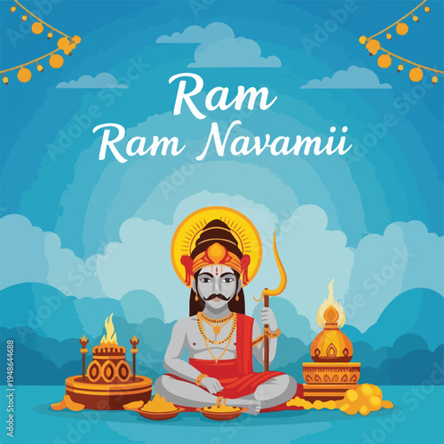 Colorful illustration celebrating Ram Navami, depicting a seated figure