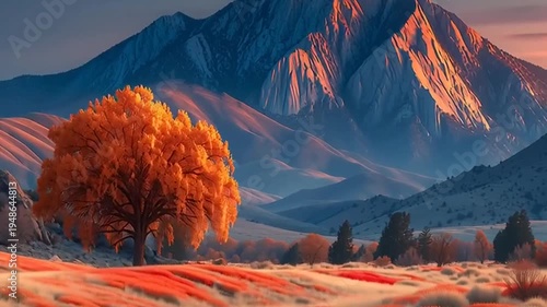 Mountain Landscape With Orange Tree Sunset.