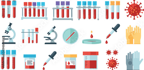 Laboratory blood test and virus detection collection with test tubes, microscope and medical equipment illustration set