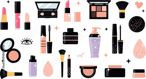 Makeup Cosmetics Vector Collection with Lipstick Mascara Foundation Powder Brush Beauty Products Illustration Set