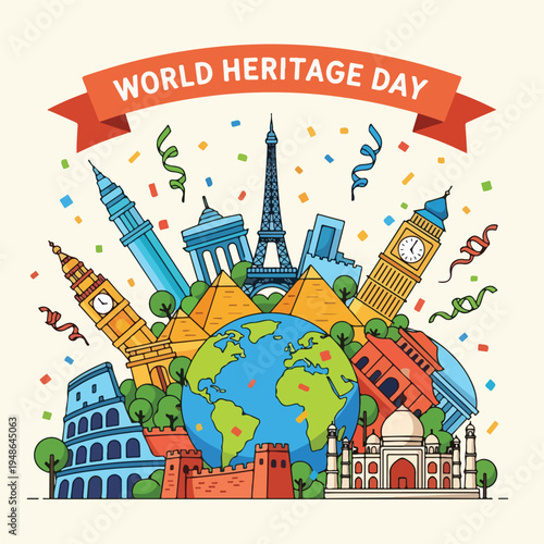 Colorful illustration celebrating World Heritage Day with iconic landmarks (1)