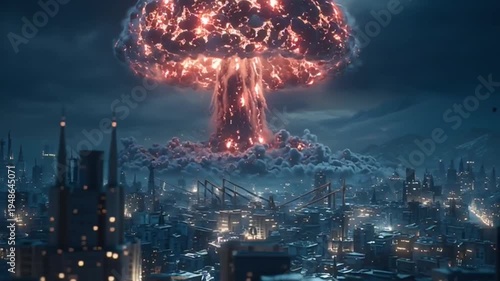 Nuclear explosion over cityscape at night.