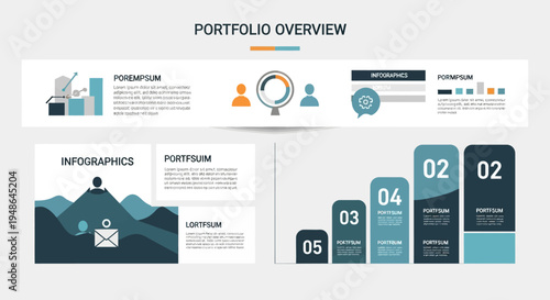 Professional Portfolio Overview Infographic Template Featuring Data Visualization and Project Progress Steps