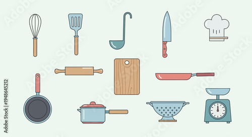 Complete Set of Kitchen Utensils and Cookware Including Pans, Knives, Whisk, and Scale on Isolated White Background