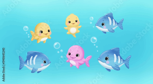Joyful Group of Cute Cartoon Fish Playfully Swimming in a Vibrant Blue Underwater Ocean with Bubbles