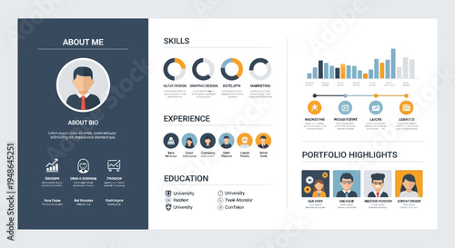 Clean Professional Resume and Portfolio Website Template Layout Featuring About Me, Skills, Experience, and Portfolio Highlights
