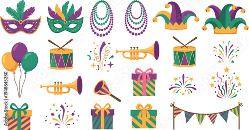 Mardi Gras Party Elements Vector Collection with Masks Beads Trumpet Jester Hat Balloons Gifts Festive Carnival Illustration Set