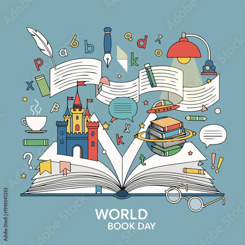 Colorful illustration with an open book, symbols, and literary objects on a blue background