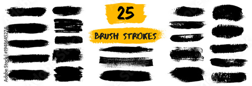 Horizontal set of black brush strokes isolated on white background. Dry paint swashes and grunge marker textures. Vector banners for highlights.