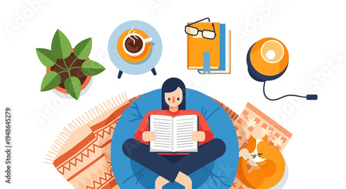 Cozy Overhead View of a Woman Enjoying Reading a Book on a Bean Bag Chair with Coffee, a Plant, and a Relaxing Cat at Home