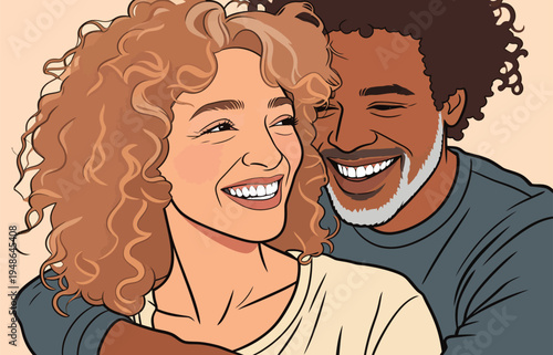 Couple laughing together in a warm and joyful moment indoors