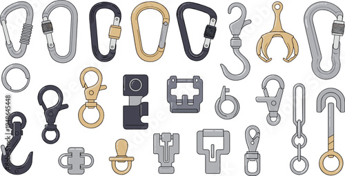 Metal carabiners and snap hooks collection with climbing clips and keychain hardware illustration set