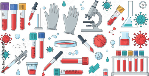 Medical Laboratory Vector Collection with Test Tubes Blood Samples Microscope Virus Research Science Lab Equipment Illustration Set