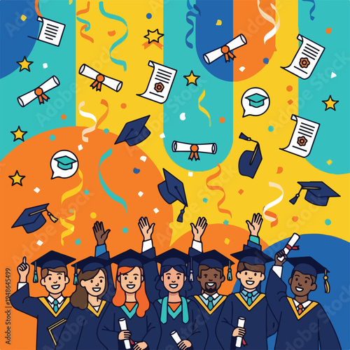 Colorful illustration of graduates celebrating graduation with hats and scrolls