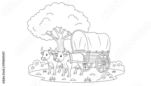 Traditional Oxen Pulling Covered Wagon Resting Under Tree Rural Scene Line Art for History Education and Coloring Books