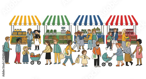 Bustling Outdoor Street Market Scene with Diverse People Shopping and Selling Fresh Produce and Goods, Urban Background