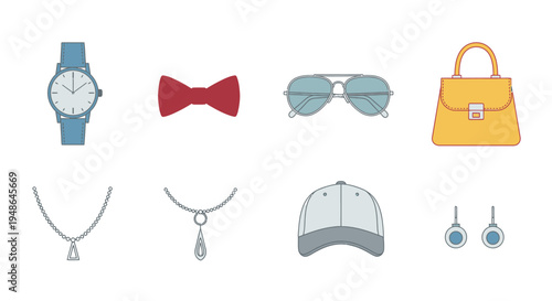 Diverse Collection of Men's Accessories Featuring a Watch, Bow Tie, Sunglasses, Bag, Hat, and Earrings, Isolated White Background