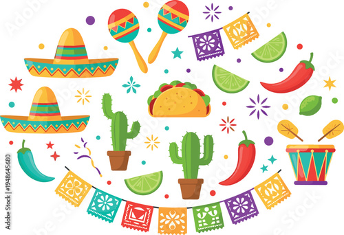 Mexican Fiesta Vector Collection with Sombrero Maracas Taco Chili Lime Cactus Drum Cinco de Mayo Party Illustration Set
