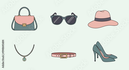 Elegant Collection of Women's Accessories with Handbag, Sunglasses, Hat, Necklace, Belt, and High Heels on an Isolated Light Green Background
