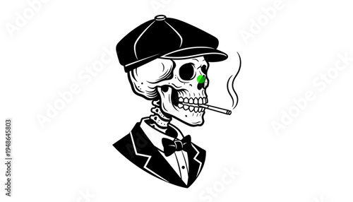 Stylish Edgy Skeleton Wearing Flat Cap Suit Smoking Cigarette Green Eye Urban Fashion Apparel Merchandise
