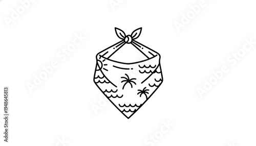 Minimalist line art bandana with palm trees and waves, tropical vacation vibe