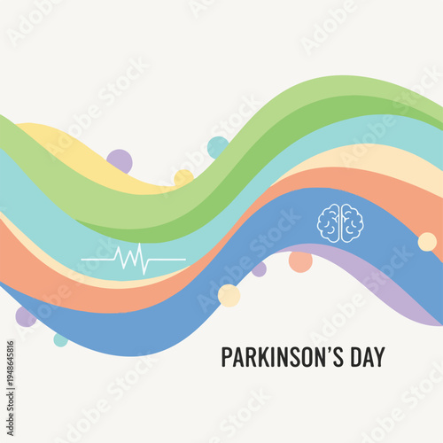 Colorful, wavy illustration for Parkinson's Day, featuring brain and pulse