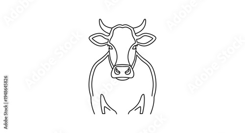 Minimalist Line Art Cow Portrait, Simple Farm Animal Icon, Black and White Vector Illustration