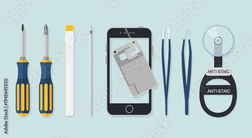 Smartphone Repair Process with Tools and Disassembled Phone Components, Light Blue Background