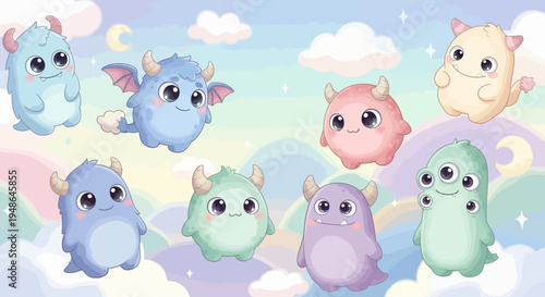 Cute Colorful Cartoon Monsters Floating Happily on Fluffy Clouds, Whimsical Sky with Stars