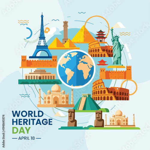 Colorful illustration celebrating World Heritage Day with landmarks