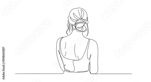 Minimalist line art drawing of a woman with her back turned, hair in a bun