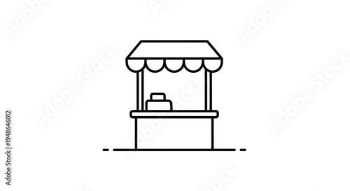 Minimalist line art icon of a market stall or kiosk with awning and counter