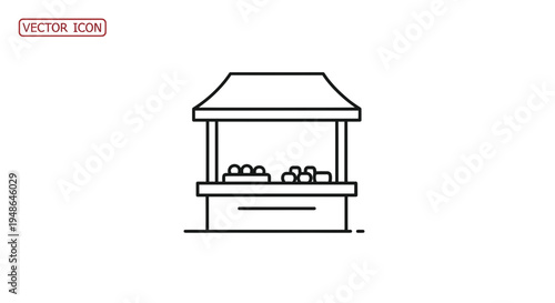 Minimalist Line Art Icon of a Market Stall with Produce