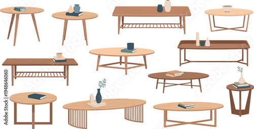 Modern coffee tables collection vector illustration with wooden living room furniture designs, minimalist home interior decor tables set