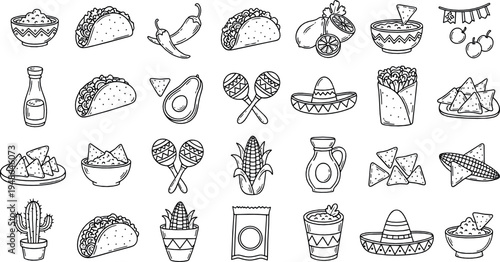 Mexican Food Doodle Vector Set with Tacos Nachos Avocado Maracas Sombrero Cactus Traditional Mexico Cuisine Illustration Collection
