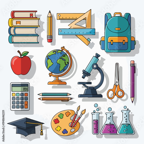 Colorful vector illustration featuring various school and art supplies, and accessories