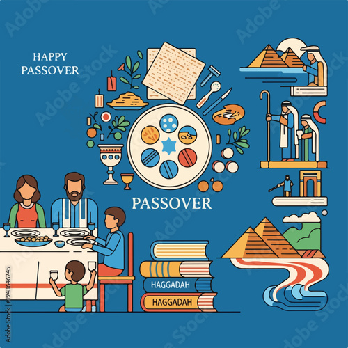 Colorful illustration depicting Passover symbols, family, and religious elements
