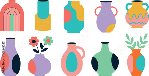 Modern decorative vases collection with abstract ceramic flower vases illustration set
